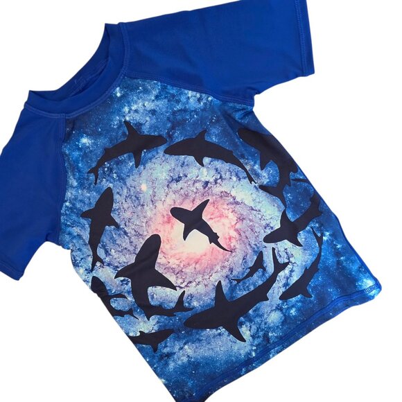 🔴 Lands' End Shirt Boys XXS 2-3 Blue Shark Galaxy Print Short Sleeve Swim Top - Picture 2 of 8